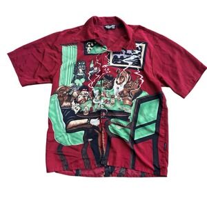 Vintage Dragonfly Dog Series Button Up Shirt Dogs Playing Poker Red Mens Size XL